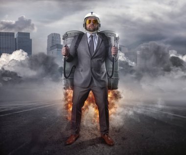 Jetpack işadamı şehir arka plan ile