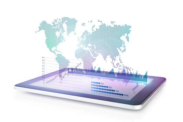 Wereld kaart concept met tablet 3d illustratie — Stockfoto