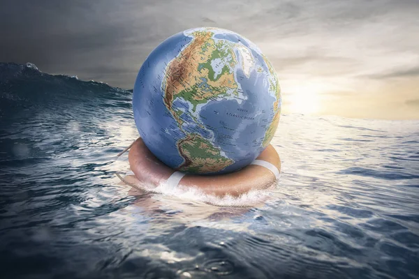 Save the earth concept globe sailing with life buoy in the sea