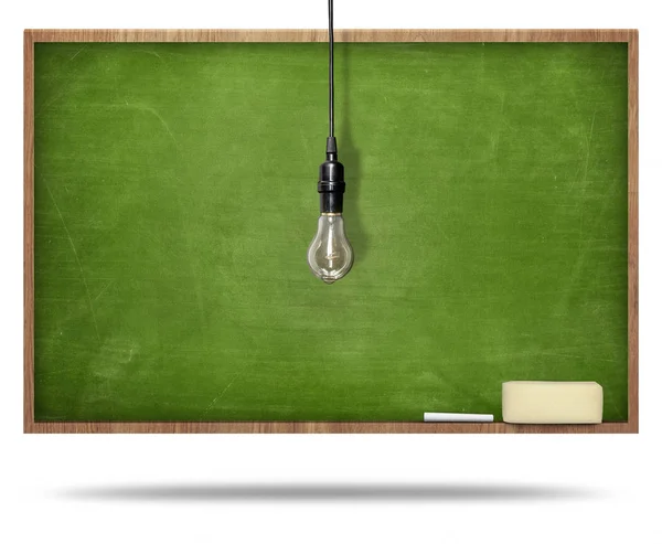 Black blank blackboard with wooden frames and vintage lamp hanging — Stock Photo, Image