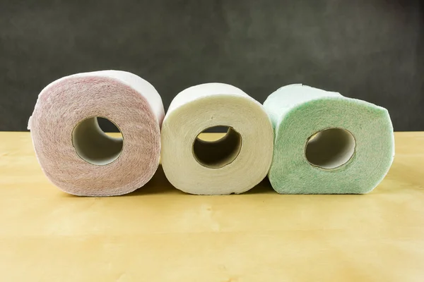 Three Rolls Toilet Paper Various Colors White Red Green — Stock Photo, Image