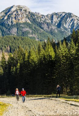 Witow, Polonya - 10 Kasım 2018: Emekliler, ya da bir kaç turist bir yürüyüş boyunca bir yolda bir valley dağlarda trekking Polonyalılar ile canlılık. Genç bir kız yolun kenarında telefonda konuşuyor.