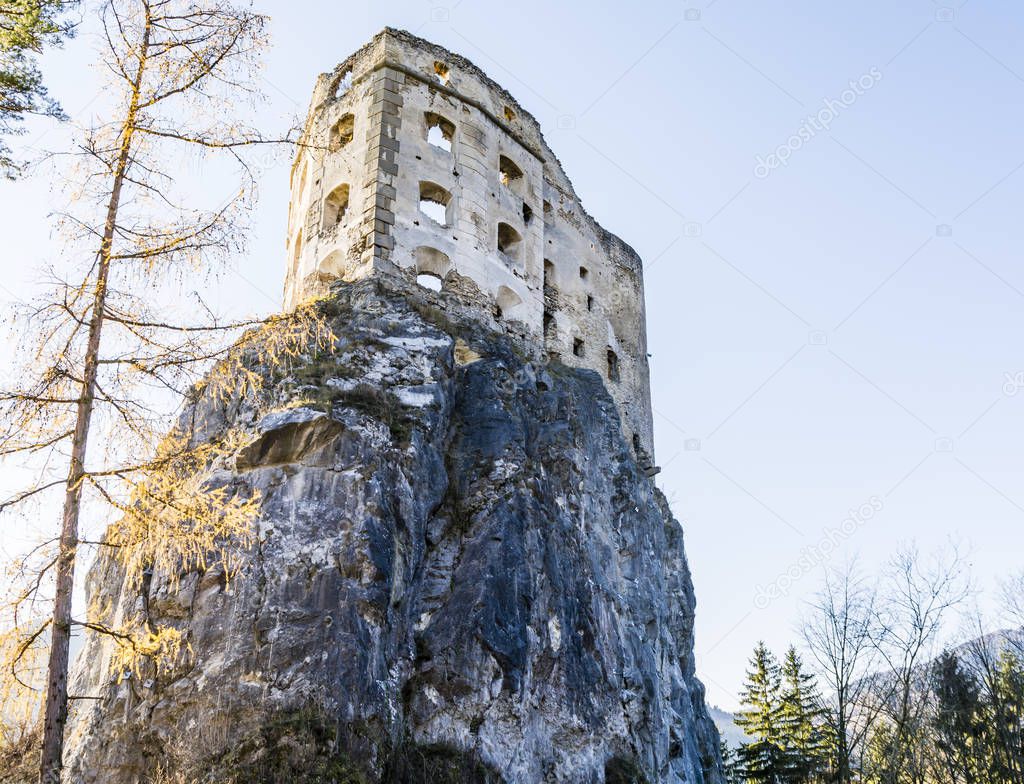 Likavka, Slovakia - November 17, 2018: Likava Royal Castle - destroyed walls of the fortress on the rock.