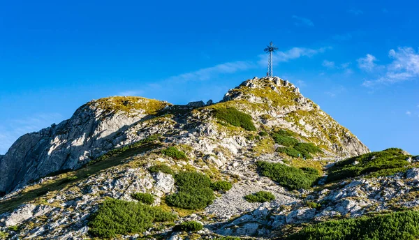 Kříž Vrcholu Giewontu Oblíbená Turistická Destinace Během Letních Prázdnin Pohled Stock Fotografie