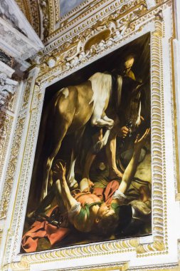 Rome, İtalya - 20 Mart 2018: Saint Paul tarafından Caravaggio Cerasi Şapel Basilica Santa Maria del Popolo, dönüşüm