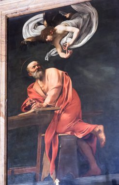 Rome, İtalya - 22 Mart 2018: Kilise St Louis Fransız, Contarelli Şapel bir döngü Caravaggio tarafından resimlerini içerir