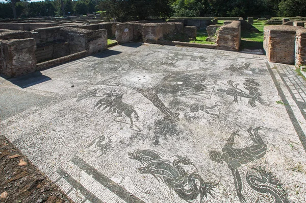 Piso Mosaico Antigo Romano Nas Termas Século Ostia Antica Perto — Fotografia de Stock