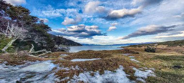 Gökyüzünde bulutlar olan göle doğru doğal manzara.