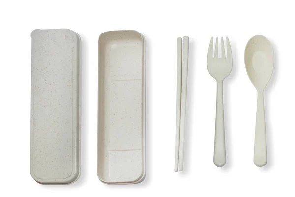 Beyaz Arka Planda Yemek Çubukları Olan Çatal Bıçak Seti Kırpma — Stok fotoğraf