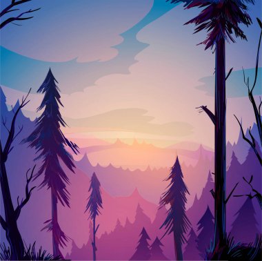 Ormanda şafak vakti. Pembe, mor orman. Çam ağaçları. Dağlar. Bulutlar. Güzel manzara. Ormanda sis.