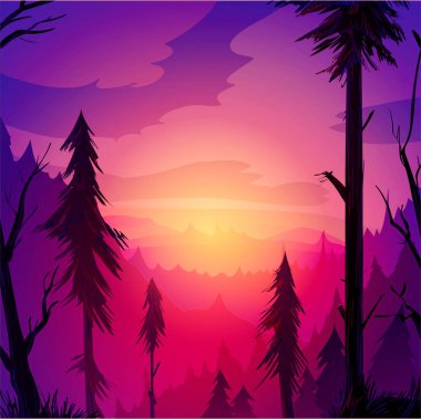 Ağ. Gün batımı. Ormanda gün doğumu. Kırmızı, turuncu orman. Çam ağaçları. Dağlar. Bulutlar. Güzel manzara. Ormanda sis.