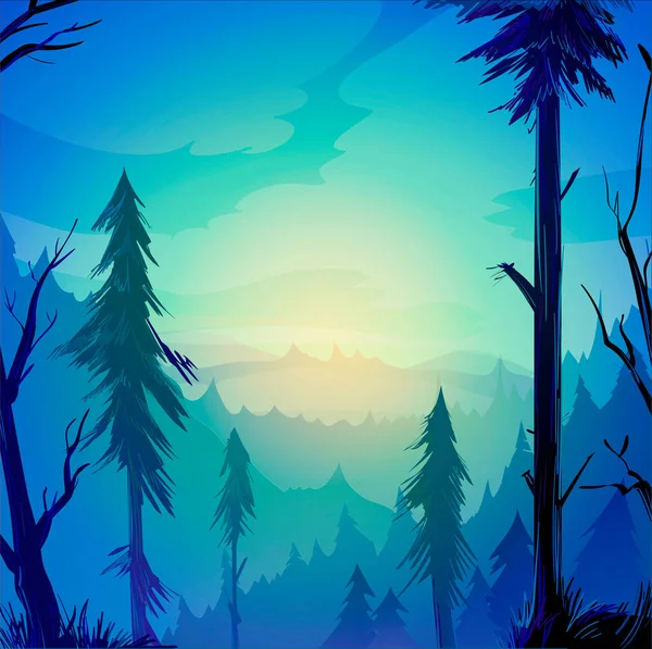 Alba Nella Foresta Blu Foresta Verde Pini Montagne Nuvole Bellissimo Illustrazioni Stock Royalty Free