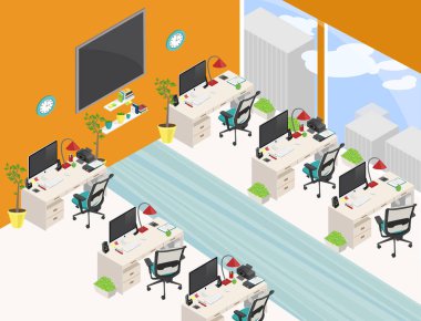 Ayrıntılı kişisel işyerleri olan vektör izometrik ofis açık plan odası. Turuncu ve turkuaz renkler.