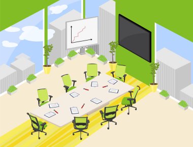 Dikdörtgen masalı, ofis sandalyeli ve diğer mobilyalı vektör izometrik büyük toplantı odası. Yeşil ve sarı renkler.