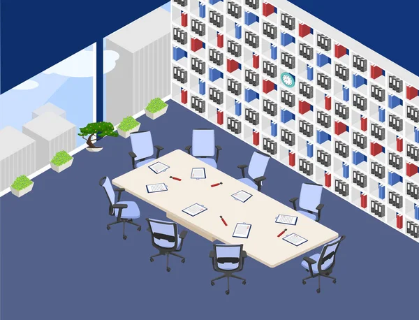 Vetor Isométrico Grande Sala Reuniões Com Mesa Retangular Cadeiras Escritório — Vetor de Stock