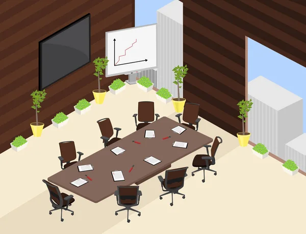 Vector Isometric Big Meeting Room Rectangle Table Office Chairs Other — Stock Vector