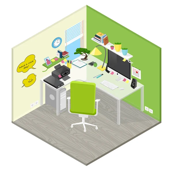 Векторні Ізометричні Офісні Робочі Місця Предметами Меблями Зелений Жовтий Білий — стоковий вектор