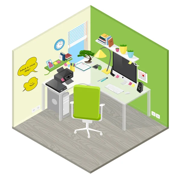 Bureau Isométrique Vectoriel Avec Objets Mobilier Couleurs Vert Jaune Blanc — Image vectorielle