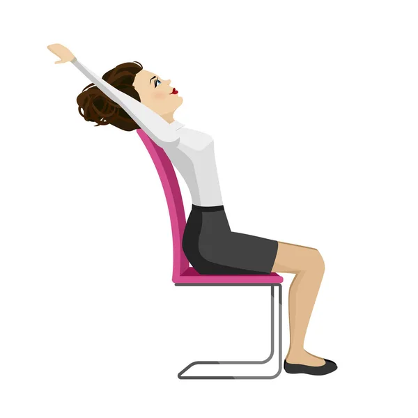 ビジネス服のきれいな女性はオフィスの椅子で背部のための練習をしている 健康的なバックベンドポーズのビジネス女性 ベクターイラスト — ストックベクタ