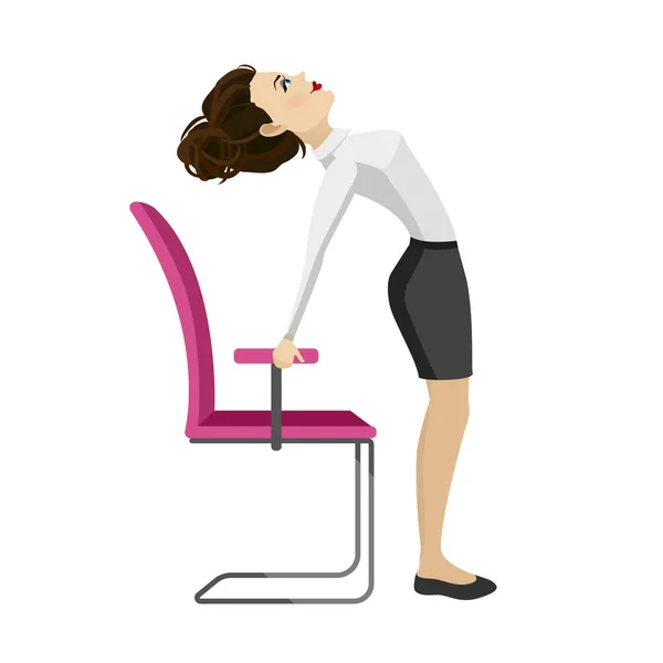 ビジネス服のきれいな女性はオフィスの椅子で背部のための練習をしている 健康的なバックベンドポーズのビジネス女性 ベクターイラスト — ストックベクタ
