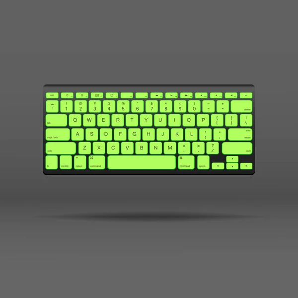 Portable Black Keyboard Backlight Green Buttons Dark Gray Background Vector — Stock Vector