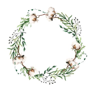 Noel suluboya dalları, pamuk çiçekli, thuja dallı, siyah dallı, asimile edilmiş çelenk çerçevesi. Yeni yıl el çizimi. Sanatsal şablon tasarımı.