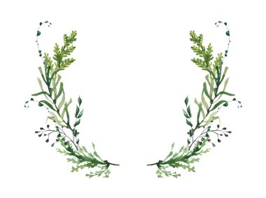 Sulu, yeşil dalları, yeşil thuja 'sı, biberiyesi, siyah kuru dalları ve bukle bitkileriyle suluboya, simetrik çelenk çerçevesi. Noel ve Yeni Yıl el çizimleri. Sanatsal şablon tasarımı.