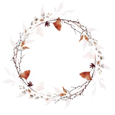 Suluboya sonbahar yuvarlak çelengi. Turuncu, kahverengi, gri sonbahar ginko biloba, akçaağaç yaprakları, çiçekler, ağaç dalları. El çizimi tarzı illüstrasyon. Suluboya sanatsal şablon tasarımı.