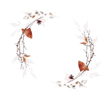 Suluboya sonbahar yuvarlak çelenk simetrik çerçevesi. Turuncu, kahverengi, gri sonbahar ginko biloba, akçaağaç yaprakları, çiçekler, ağaç dalları. El çizimi tarzı illüstrasyon. Suluboya sanatsal şablon tasarımı.