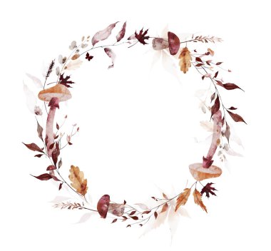 Çiçekli suluboya sonbahar çelenk çerçevesi. Turuncu, bej, bordo, akçaağaç yaprakları, mantarlar, vahşi kahverengi dallar ve dikenler. El çizimi tarzı illüstrasyon. Sanatsal şablon tasarımı.