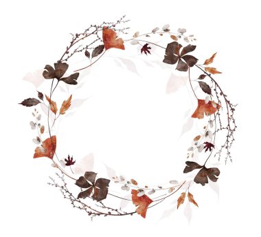 Sonbahar suluboya çelenk çerçevesi. Turuncu, kahverengi, gri, bej rengi biloba yaprakları, çiçekler, ağaç dalları. El çizimi tarzı illüstrasyon. Suluboya sanatsal şablon tasarımı.