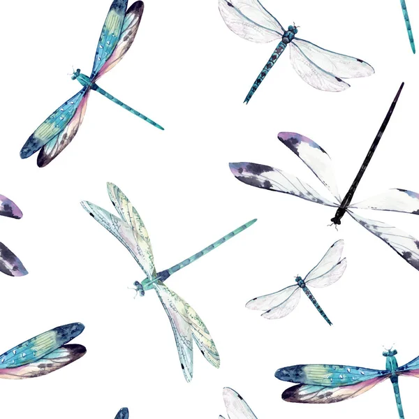 Patrón vectorial de libélula acuarela — Vector de stock