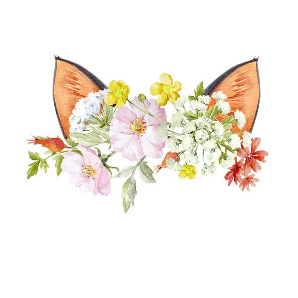 Mooie Compositie Met Aquarel Bloemen Dierlijke Oren — Stockfoto