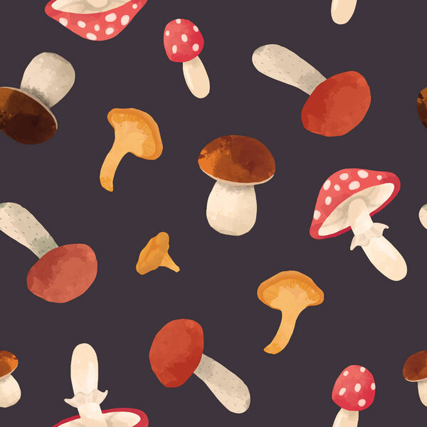 Watercolor mushroom vector pattern