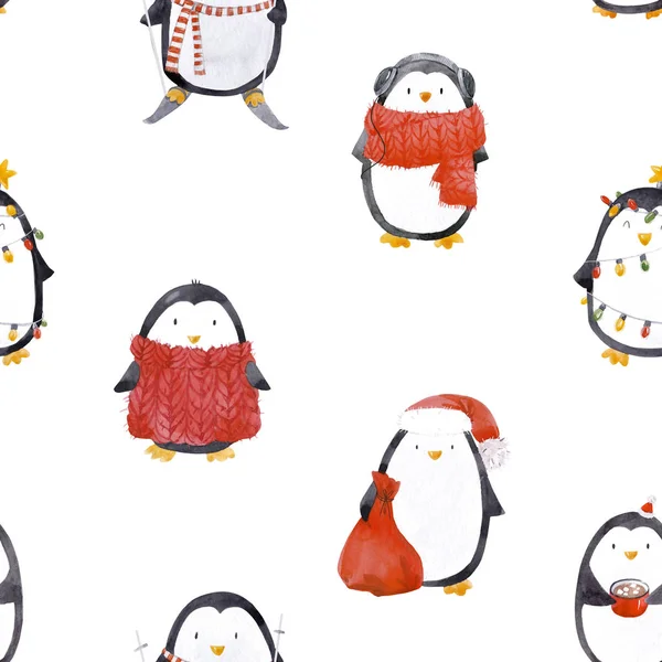 수채화 크리스마스 아기 펭귄 패턴 — 스톡 사진