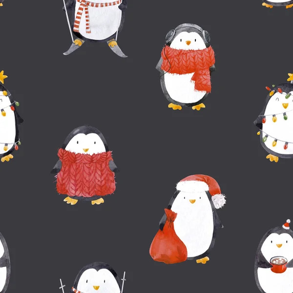 Aquarela Natal bebê pinguim padrão — Fotografia de Stock
