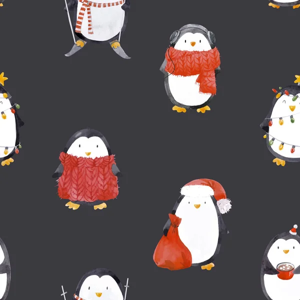 Acuarela navidad bebé pingüino vector patrón — Archivo Imágenes Vectoriales