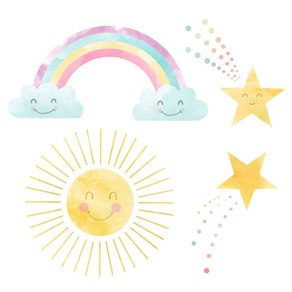 Watercolor rainbow stars sun illustration