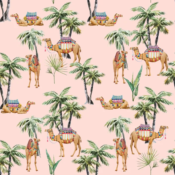 水彩骆驼和棕榈图案 — 图库照片