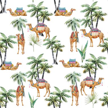 Watercolor camel and palm vector pattern clipart