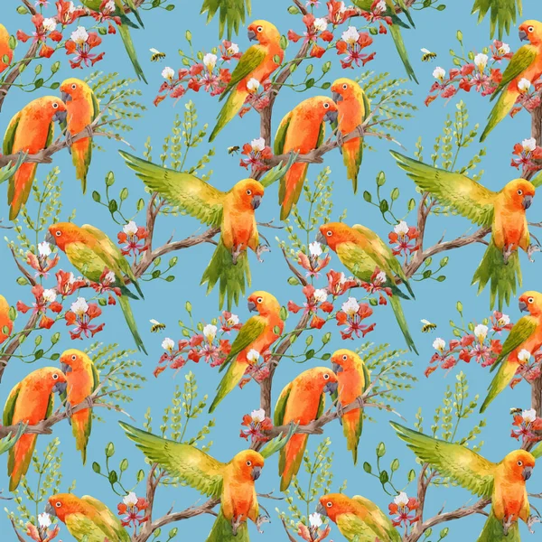 Akvarell tropiska papegojor vektor mönster — Stock vektor