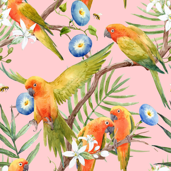 Watercolor tropical parrots vector pattern