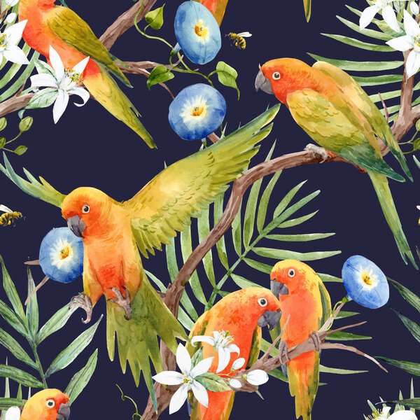 Watercolor tropical parrots vector pattern
