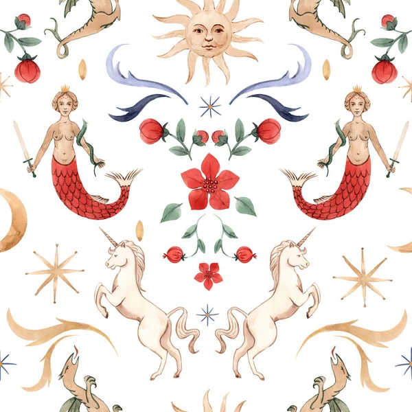 Aquarel patroon met middeleeuwse illustraties — Stockfoto