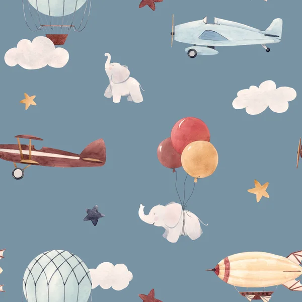Beautiful Baby Seamless Pattern Watercolor Air Baloon Plane Airship — Stock Photo, Image
