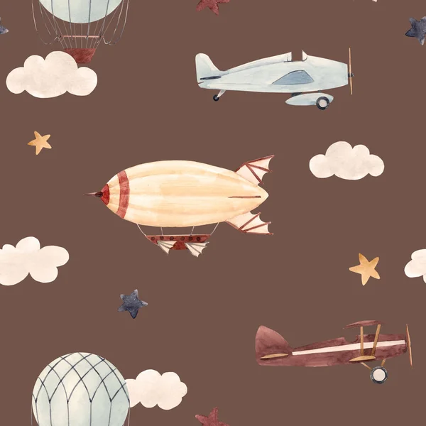 美しい赤ちゃん水彩空気風船飛行機飛行船のシームレス パターン — ストック写真