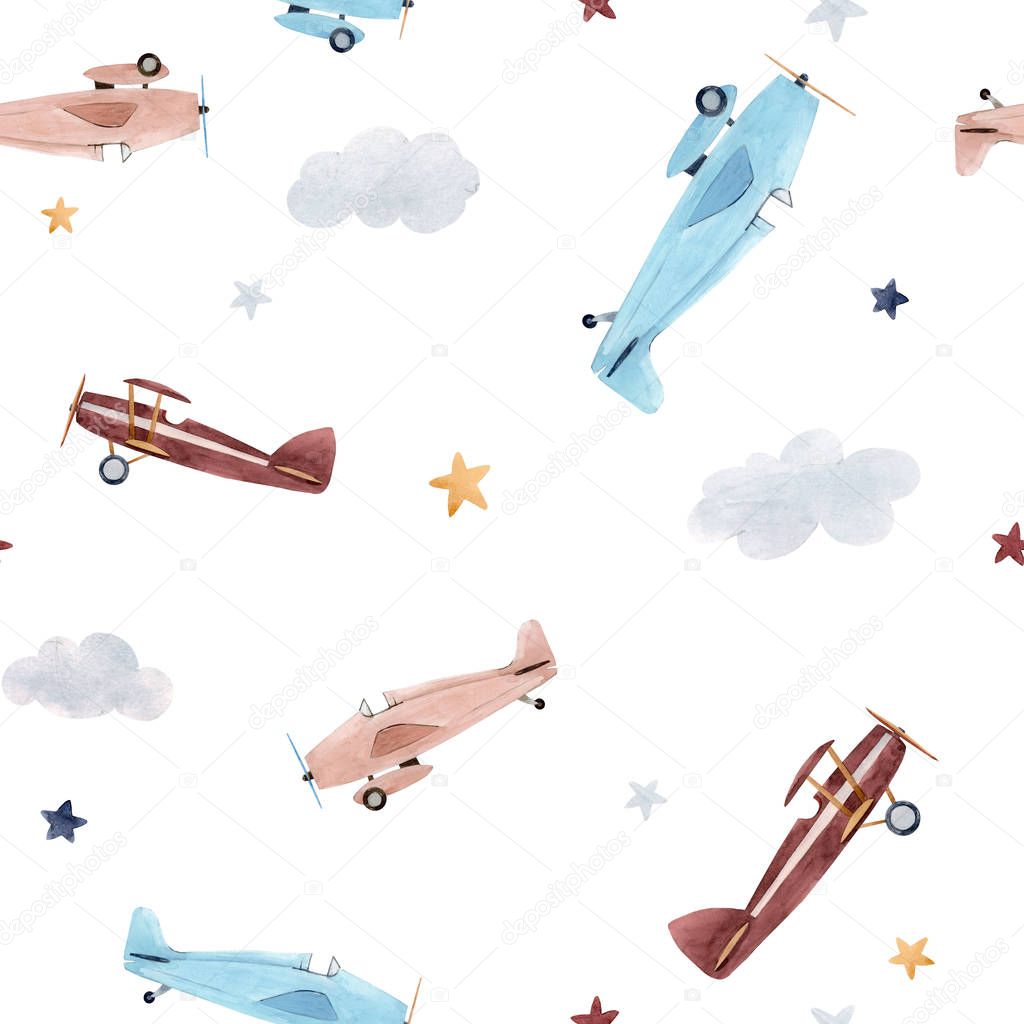 Watercolor aircraft baby pattern