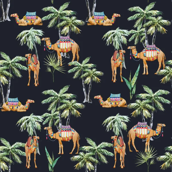 水彩骆驼和棕榈图案 — 图库照片