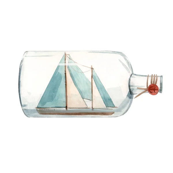 Акварельний корабель в пляшковій ілюстрації — стокове фото