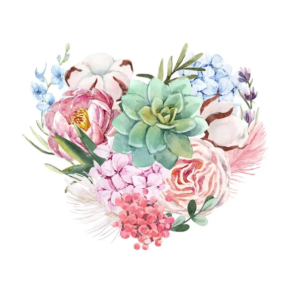 Složení akvarel květinové srdce — Stock fotografie